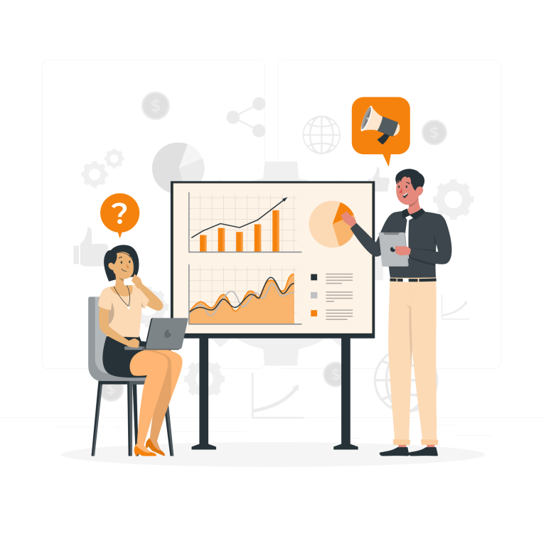 Präsentation von Diagrammen und Grafiken mit zwei Personen in einem Meeting.